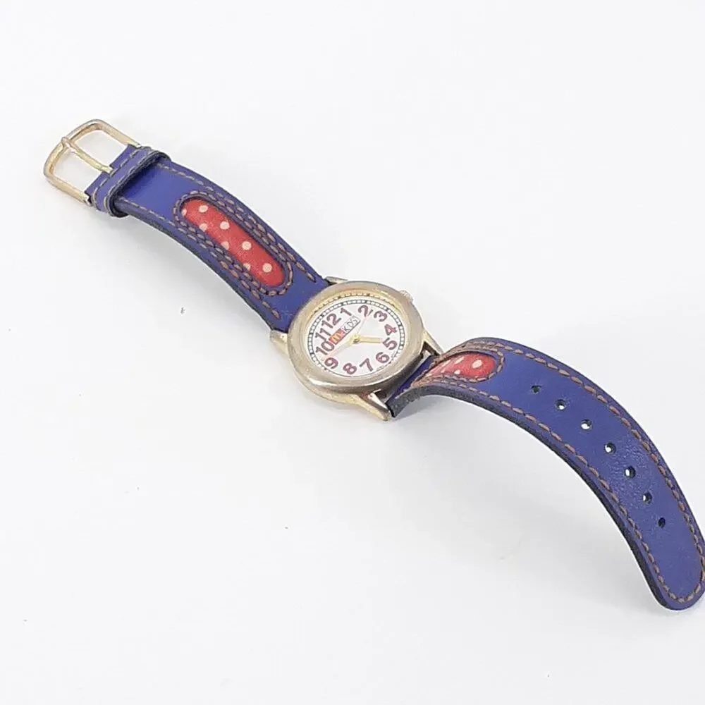 Vintage McKids Stainless Steel Back Japan Movt Blue Red Polkadot Time Child's